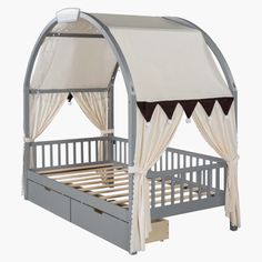 a bed with a canopy over it and drawers under the bed frame is made out of wood