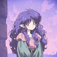 an anime character with long purple hair standing in front of a sky filled with stars