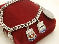 Hello and welcome to my shop.                      I am offering to you this lovely vintage period charm bracelet made in a oval open link design and hung with 9 travel souvenir charms plus a coin and heart style padlock added as a charm. All the charms and chain are made in 925 silver or unmarked silver/white metal with mixed coloured enamel on some of the charms.  The clasp is a round bolt and ring type in good working order.  The charm bracelet and charms are in a very good used vintage condition with only slight age related wear as shown. So please see my six pictures which are part of my description of the  details of the size, colours, design and general condition of this fine piece.  The length of bracelet is:- 7 inches. 18 cms approx. Weight is 26.1 grams.  The bracelet is marked 9 Link Design, Silver Charm Bracelet, Travel Souvenirs, Jewelry Silver, Types Of Rings, White Metal, Charm Bracelets, Silver Charms, Bracelet Making