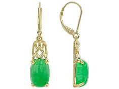 Pacific Style™ Jadeite 18K Yellow Gold Over Sterling Silver Earrings. Measures Approximately 1.42"L x 0.33"W. Lever Backs. Elegant Green Jewelry With Lever Back Ear Wires, May Birthstone Oval Cabochon Jewelry For Formal Occasions, Elegant Oval Jade Jewelry, Fine Jewelry Green Cabochon Earrings, Formal Cabochon Jewelry For May Birthstone, Green Gemstone Oval Cabochon Earrings, Green Oval Cabochon Gemstone Earrings, Elegant Oval Cabochon Jade Jewelry, Elegant Cabochon Jewelry For May Birthstone