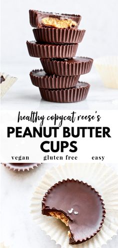 chocolate peanut butter cups stacked on top of each other with the title text overlay