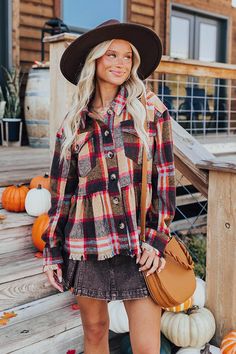 - Embrace pumpkin spice season in style with this adorable piece! Featuring charming fringe details and cozy material, it's the perfect companion for crisp autumn strolls or a fun day at the pumpkin patch. - Warm, unlined material with a plaid print - A collared neckline - A button up front - Functional chest pockets - Long sleeves with button closure cuffs featuring fringe detailing - A relaxed silhouette that ends in a peplum cut hemline with fringe detailing Fall Cotton Outerwear With Fringe, Fall Cotton Fringe Outerwear, Cotton Fringe Outerwear For Fall, Brown Long-sleeve Fringe Outerwear, Brown Fringe Outerwear For Winter, Cowboy Women, Crisp Autumn, Pumpkin Spice Season, Peplum Jacket