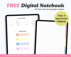 the free digital notebook with 4 hyperlinked subjects