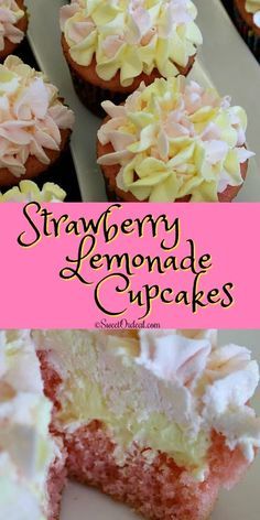 strawberry lemonade cupcakes with white frosting and sprinkles on top