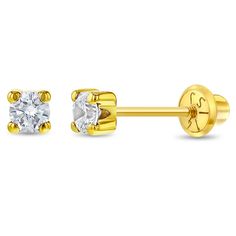 These beautiful clear prong set cubic zirconia earrings were crafted in 14k yellow gold perfect for babies and little girls with sensitive ears. High polished for long lasting shininess and durable quality, these classic and timeless earrings for girls come with screw backs which is a safety back that screws on and locks thus preventing for any poking in the back of the earlobe and lessening chances of lost earrings. Gift box included. Gold Cubic Zirconia Piercings With Prong Setting, Yellow Gold Piercings With Prong Setting Round Cut, Diamond Piercing In Prong Setting With Yellow Gold, Timeless Earrings, Earrings For Girls, Thread Earrings, Kids Earrings, Earring Post, Cubic Zirconia Earrings