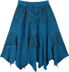 Teal Rodeo Lace Up Style Handkerchief Hem Mid Length Skirt | Turquoise | Patchwork, Stonewash, Junior-Petite, Misses, High-Low, Handkerchief, Solid,Western-Skirts Medieval Skirt, Teal Clothing, Bohemian Casual Dress, Witch Clothes, Teal Outfits, Teal Skirt, Western Skirts, Halloween Skirt, Forest Witch