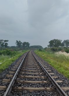 an empty train track with grass and trees in the background on a gloomy day