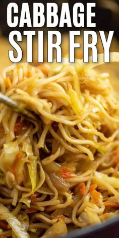 a bowl filled with noodles and vegetables on top of a wooden table next to the words cabbage stir fry