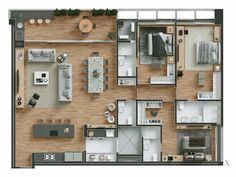 an overhead view of a two bedroom, one bath apartment with kitchen and living room