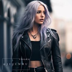 a woman with grey hair wearing a black top and leather jacket is walking down the street