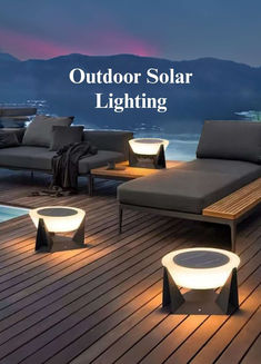 outdoor solar lighting on a wooden deck with mountains in the background and text overlay that reads, outdoor solar lighting