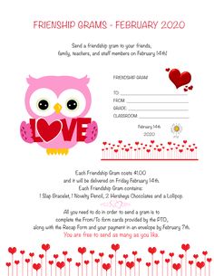 a valentine's day flyer with an owl and hearts