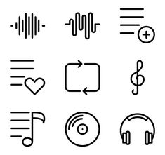 music icons and symbols are shown in this black and white image, with the sound symbol above