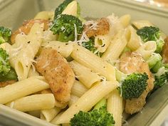 pasta with chicken and broccoli in a bowl