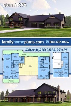 two story house plan with 3 car garage and living room in the front, from floor to ceiling