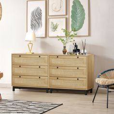 a living room scene with focus on the dresser and chair, which is decorated in natural wood