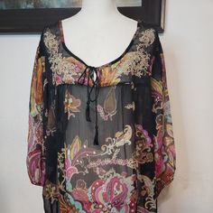 Brand New Never Worn Excellent Condition Embroidery Embellishment 3/4 Length Sheer Blouse Size 2x Black Bohemian Tops With Paisley Print, Paisley Print Summer Top With 3/4 Sleeves, Paisley Print 3/4 Sleeve Summer Top, Summer Paisley Print Top With 3/4 Sleeves, Summer Tops With Paisley Print And 3/4 Sleeves, Sheer Blouse, First World, Pink Black, Paisley