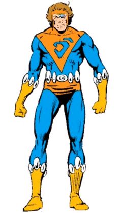 an image of a cartoon character in blue and orange costume with his hands on his hips