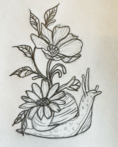 a drawing of a snail and flowers in a vase