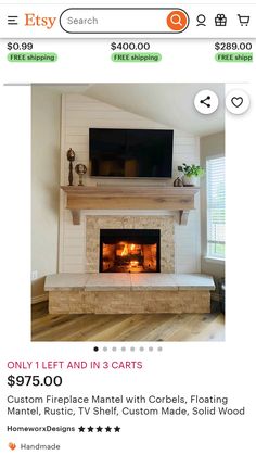 a fireplace with a tv above it and other items for sale on the internet page