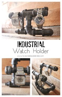 an industrial watch holder made out of pipes and pipe fittings is featured in this article