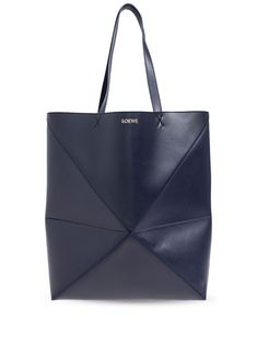 navy blue calfskin geometric panelled design folded design logo print to the front tonal stitching open top two long top handles main compartment suede lining Loewe Puzzle, Loewe Bag, Office Bag, Espadrille Shoes, Large Tote Bag, Open Top, Party Shoes, Large Tote, Free Bag