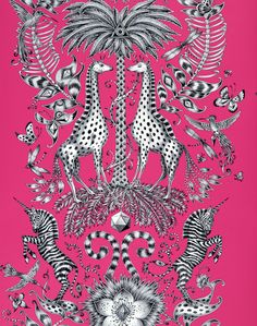 a pink background with zebras, giraffes and palm trees on it