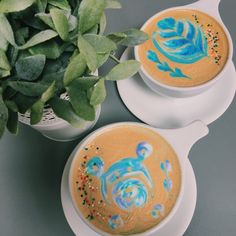 two white bowls filled with soup next to a potted plant