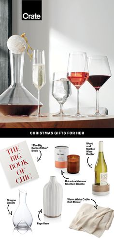 christmas gifts for her, wine glasses, and books on a table with the words crate