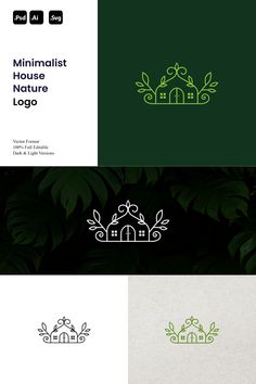 the minimalist house logo is designed in green and white colors, with leaves surrounding it