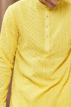 Shop for Soniya G Yellow Lucknowi Kurta And Salwar Set for Men Online at Aza Fashions Yellow Lucknowi Kurta, Lucknowi Kurta, Yellow Kurta, Rohit Bal, Tarun Tahiliani, Thread Work, Full Sleeves, Floral Motifs, Modern Bride