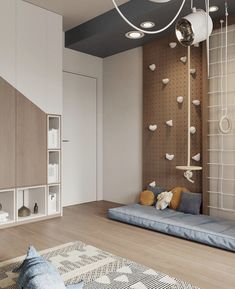 a living room filled with lots of furniture next to a wall mounted bookcases