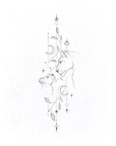 a black and white drawing of a dog with flowers on it's back side