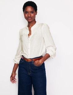 Fay Smocked Jersey Shirt - Ivory | Boden US Fall Workwear Tops With Smocked Cuffs, Classic Tops With Smocked Cuffs For Daywear, Relaxed Fit Work Tops With Smocked Cuffs, Fall Tops With Smocked Cuffs And Relaxed Fit, Cotton Button-up Top With Smocked Cuffs, Cotton Smock Tops For Workwear, Fitted Long Sleeve Smocked Top For Work, Fall Smock Top With Relaxed Fit, Casual Smocked Top With Smocked Cuffs For Workwear