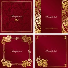 four red and gold wedding cards with golden flowers on them royalty photo - illustration stock