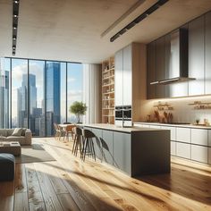 an open kitchen and living room area in a modern apartment with large windows overlooking the city