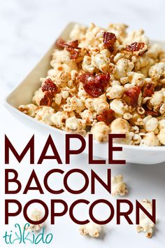 a white bowl filled with bacon popcorn on top of a table