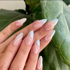 Uñas Blue And White Nails, Swirl Nails, Nail Glam, Prom 2022, Classy Acrylic Nails, Soft Nails, Nails 2021, Almond Shaped