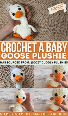 crochet a baby goose plushe is shown with instructions to make it