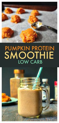 pumpkin protein smoothie in a mason jar with a spoon on the side and an image of