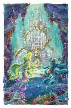 the little mermaids are playing with each other in this underwater scene, which is painted by