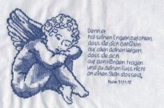 a cross stitch design with an angel on it's chest and the words in blue ink