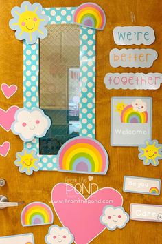 a door decorated with stickers and magnets for kids to use in the classroom