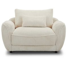 a white chair with two pillows on the back and one pillow in the middle of it