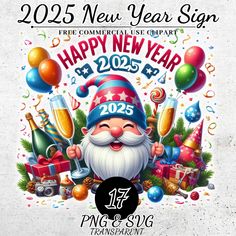 a happy new year sign with an image of santa claus and presents on it, surrounded by confetti