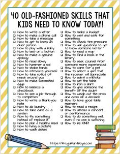 an old fashioned skills that kids need to know today printable poster with pencil and stack of books