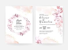 two wedding cards with watercolor flowers and gold glitters on the front, one in pink