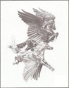 a drawing of two birds and a dog flying in the air with their wings spread out