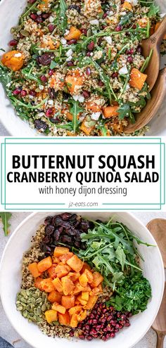 a bowl filled with carrots, spinach and cranberry quinoa salad