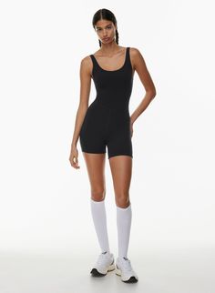 BUTTER SWAY ROMPER | Aritzia Biker Romper Outfit, Casual Stretch Bodysuit With Scoop Back, Compressive Casual Bodysuit For Gym, Casual Compressive Jumpsuits And Rompers, Casual Compressive Bodysuit For Gym, Sporty Jumpsuits And Rompers With Built-in Bra, Sporty Bodysuit With Built-in Bra, Compressive Casual Bodysuit, Sporty Compressive Jumpsuits And Rompers For Summer